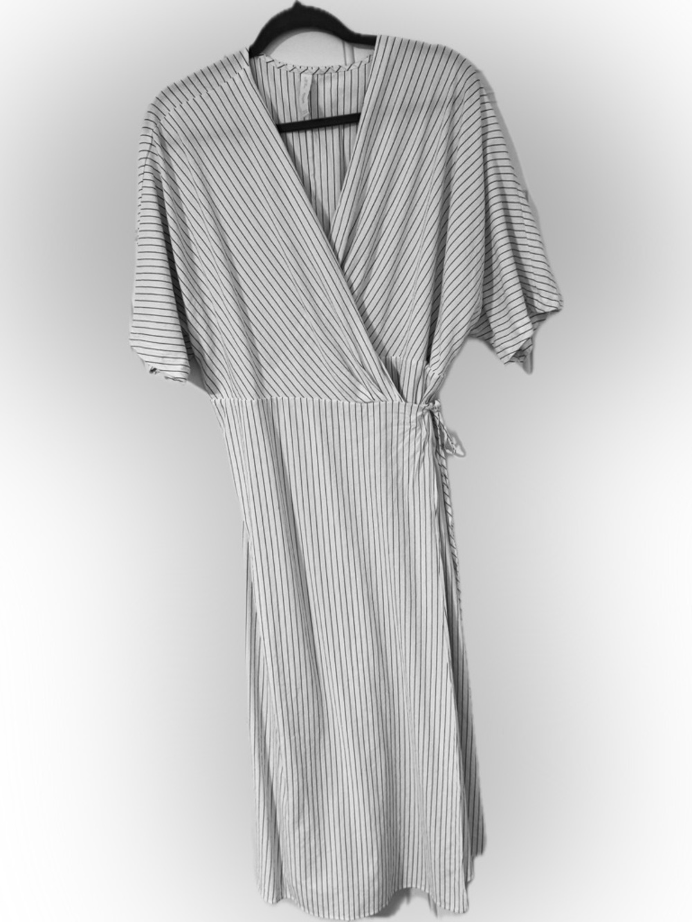MANGO Striped Wrap Dress | White & Charcoal Pinstripe | Size 18